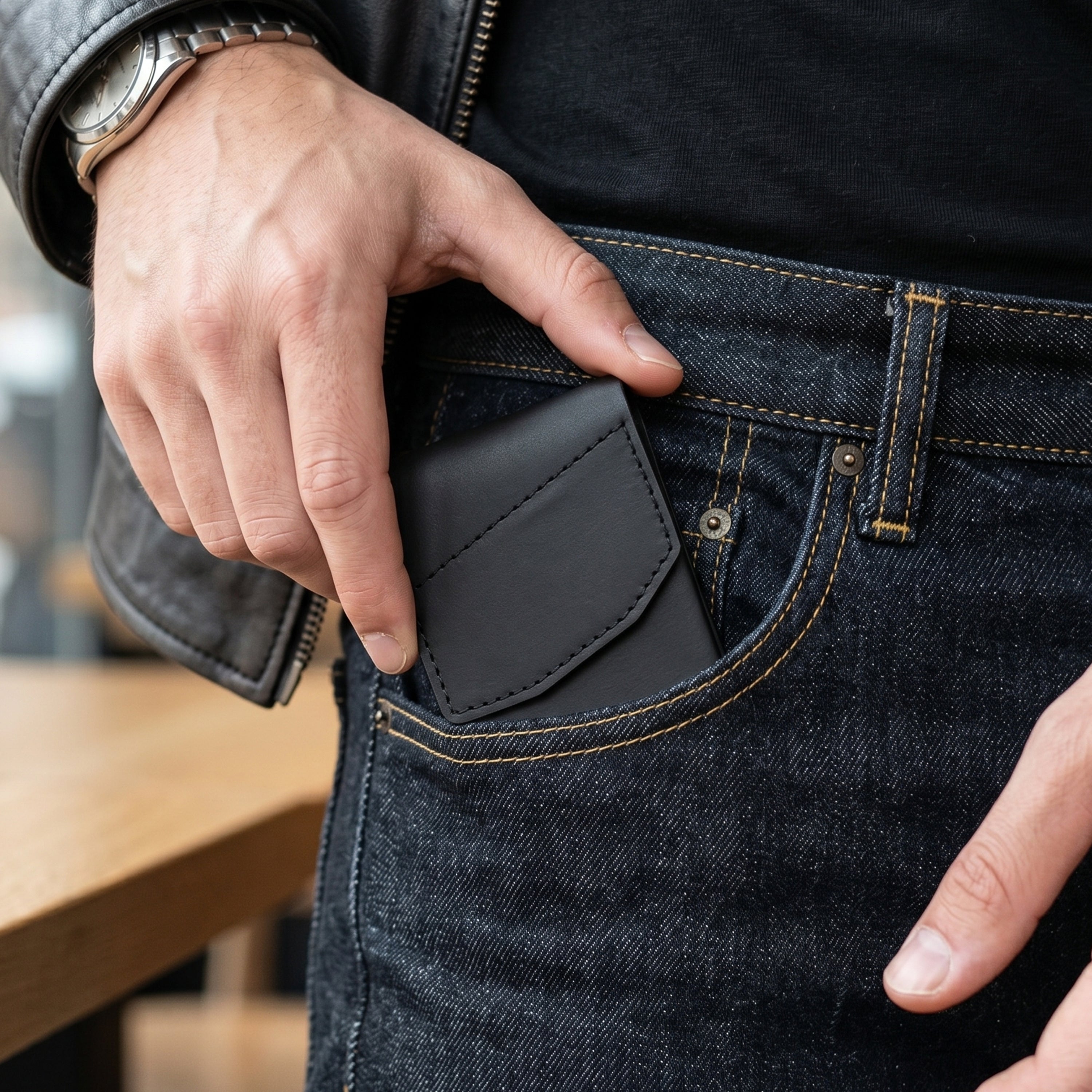 Flip Genuine Leather Wallet With Magnetic Closure - Black