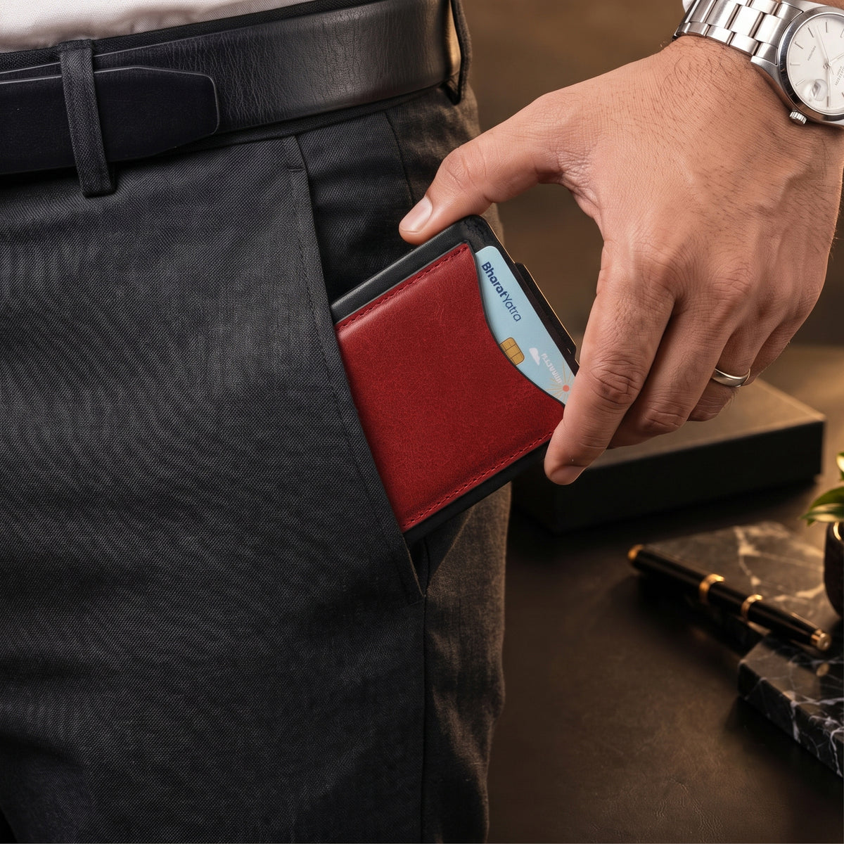 Hunter Dual-Tone Leather Wallet with Tich Button Closure - Red