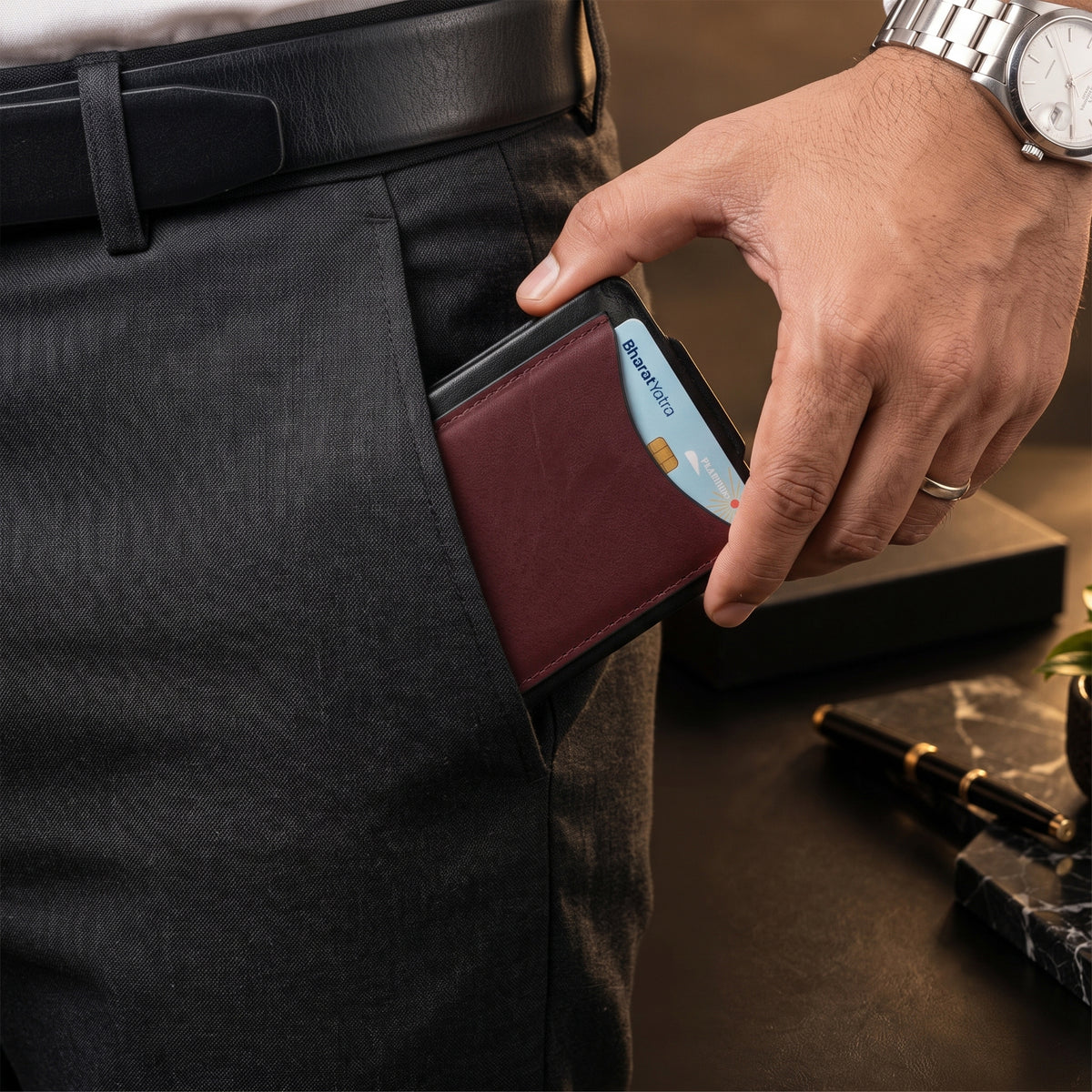 Hunter Dual-Tone Leather Wallet with Tich Button Closure - Maroon