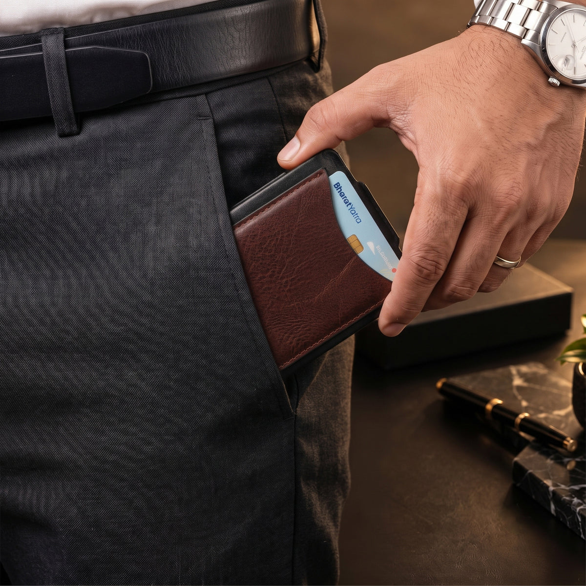 Hunter Dual-Tone Leather Wallet with Tich Button Closure - Brown