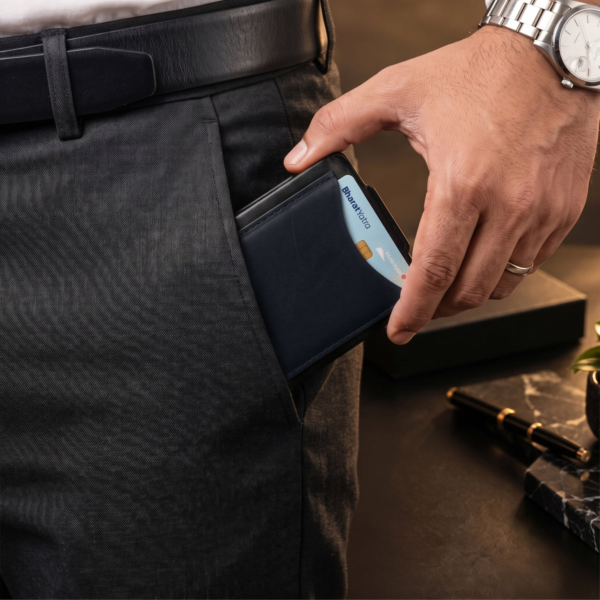 Hunter Dual-Tone Leather Wallet with Tich Button Closure - Blue