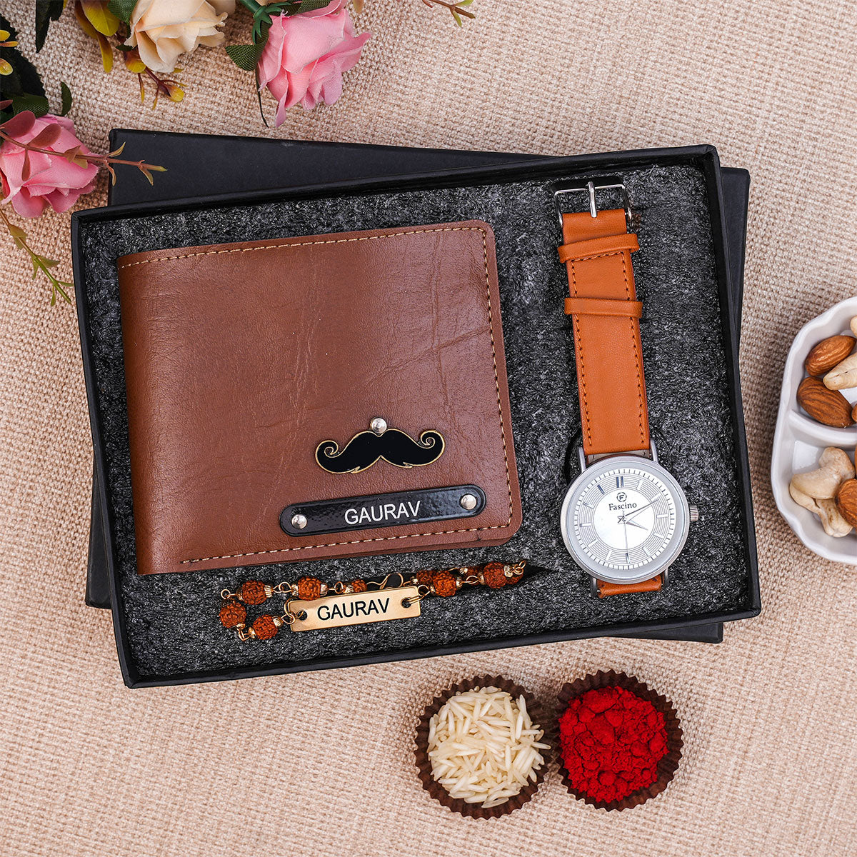 Personalized Wallet Wrist-Watch & Rudraksh Rakhi Gift Set