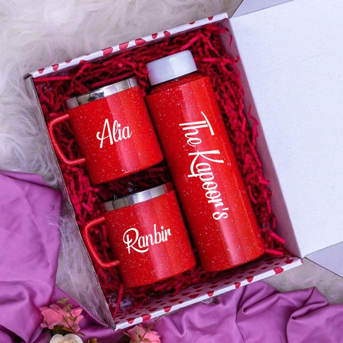 Personalized Sparkling Red Bottle & Mugs Gift Set With Names