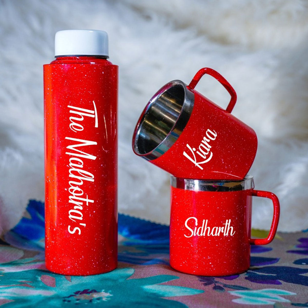 Personalized Sparkling Red Bottle & Mugs Gift Set With Names