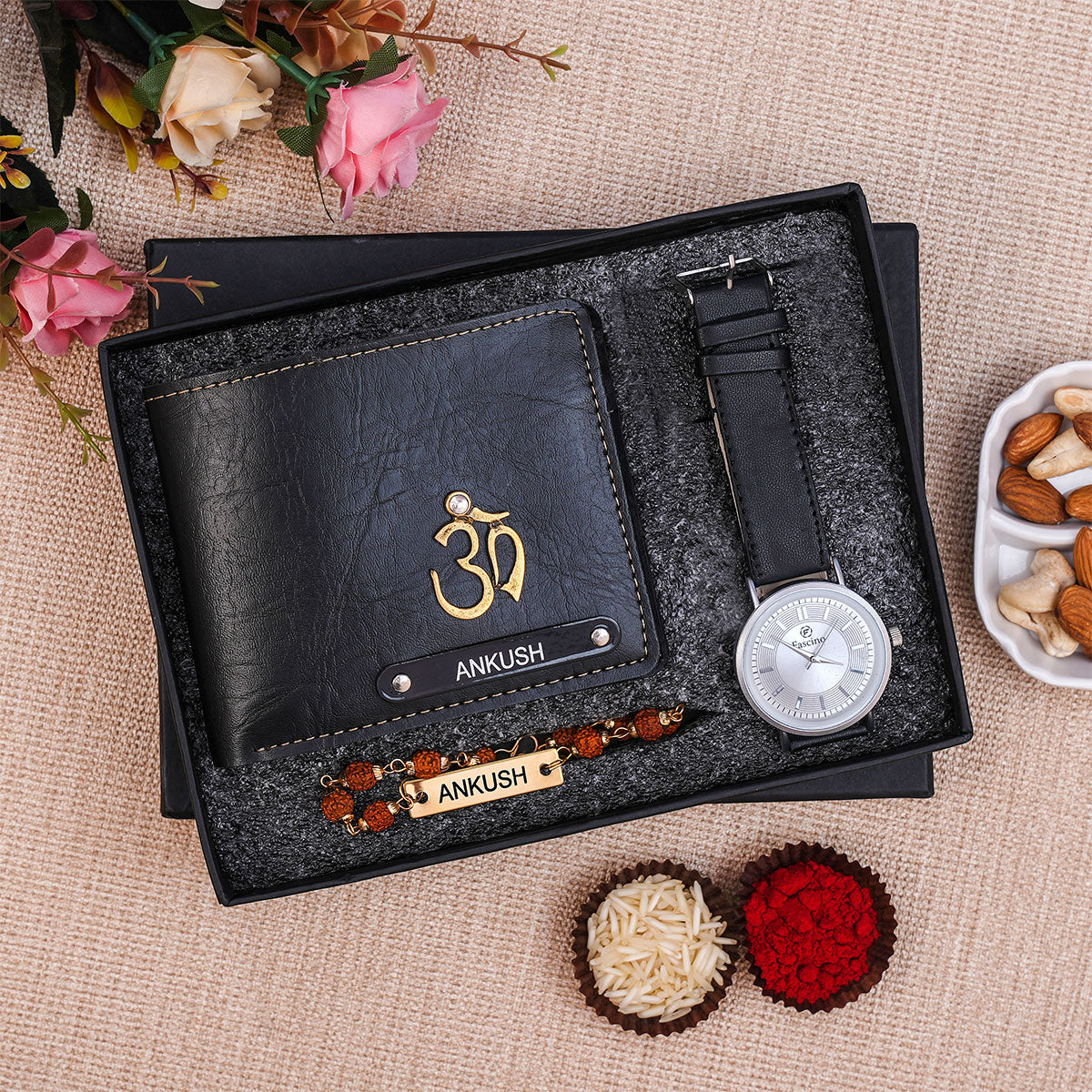 Personalized Wallet Wrist-Watch & Rudraksh Rakhi Gift Set