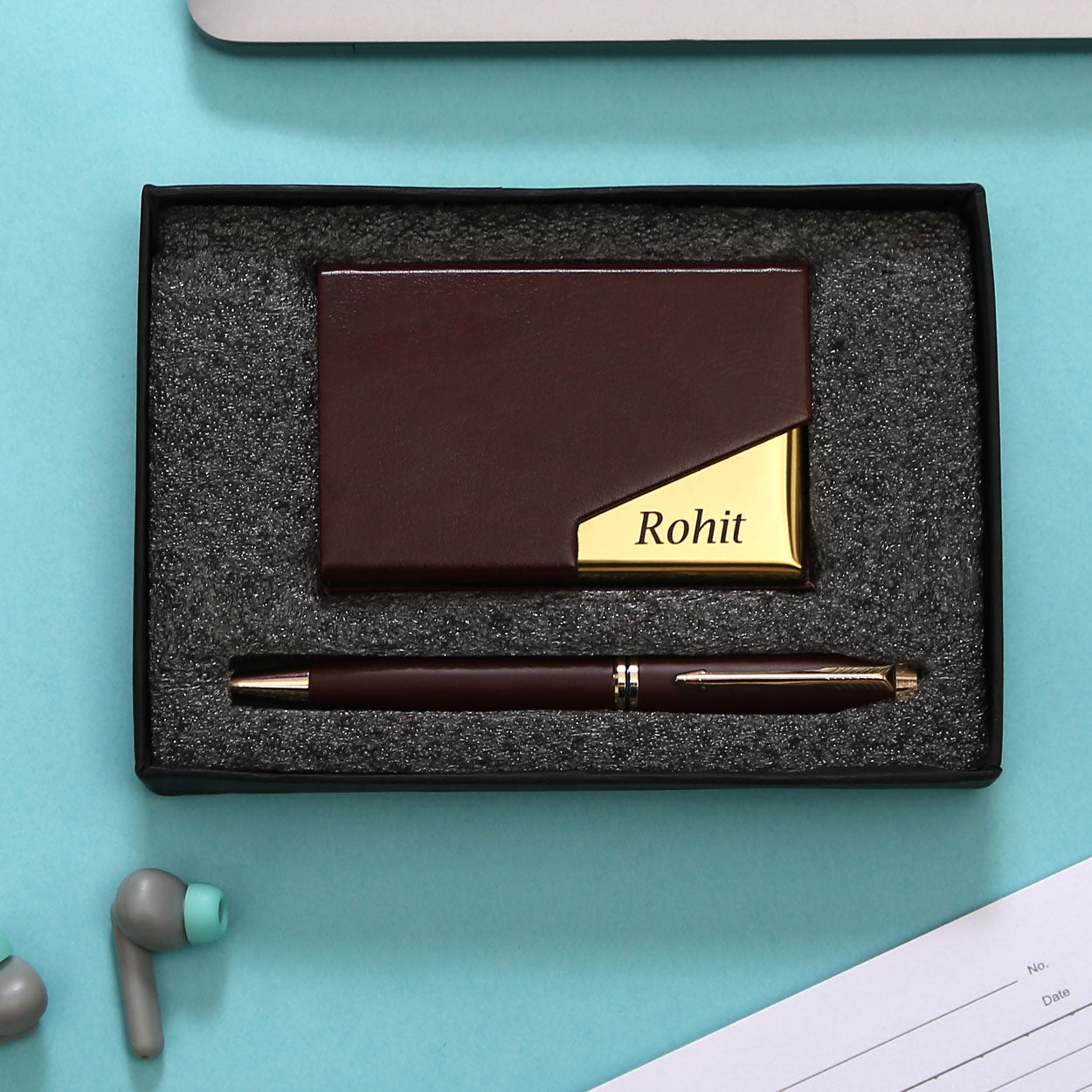 Personalized Brown Card Holder & Pen Set