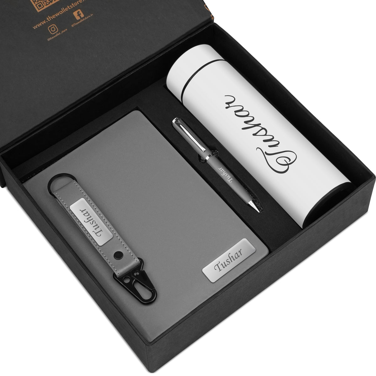 Personalized Neo Luxe Diary Pen Keychain & Flask Gift Set - Grey