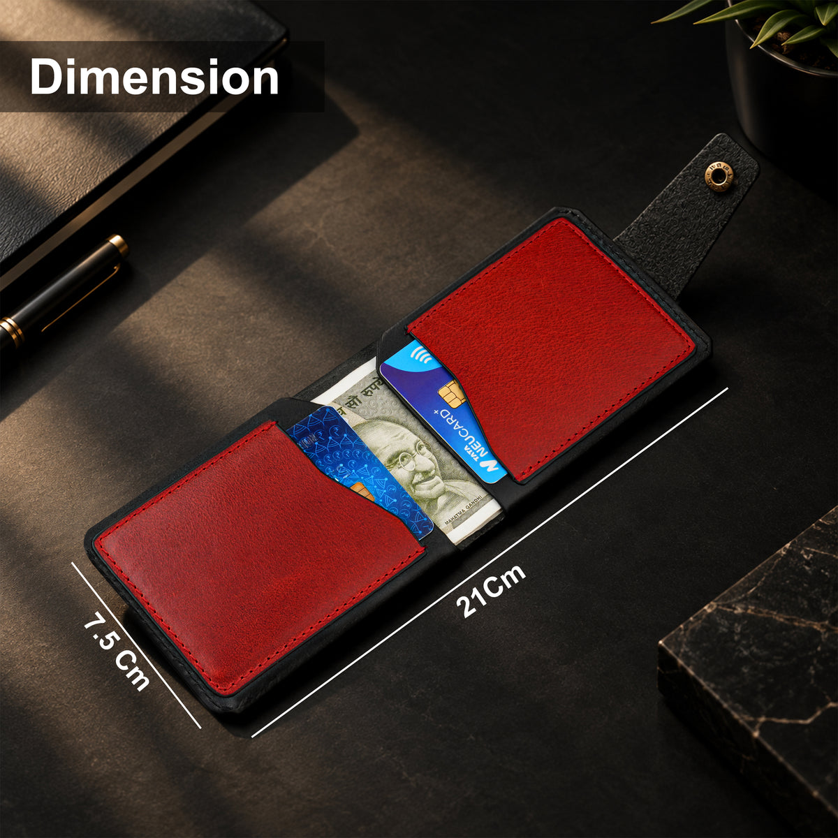 Hunter Dual-Tone Leather Wallet with Tich Button Closure - Red