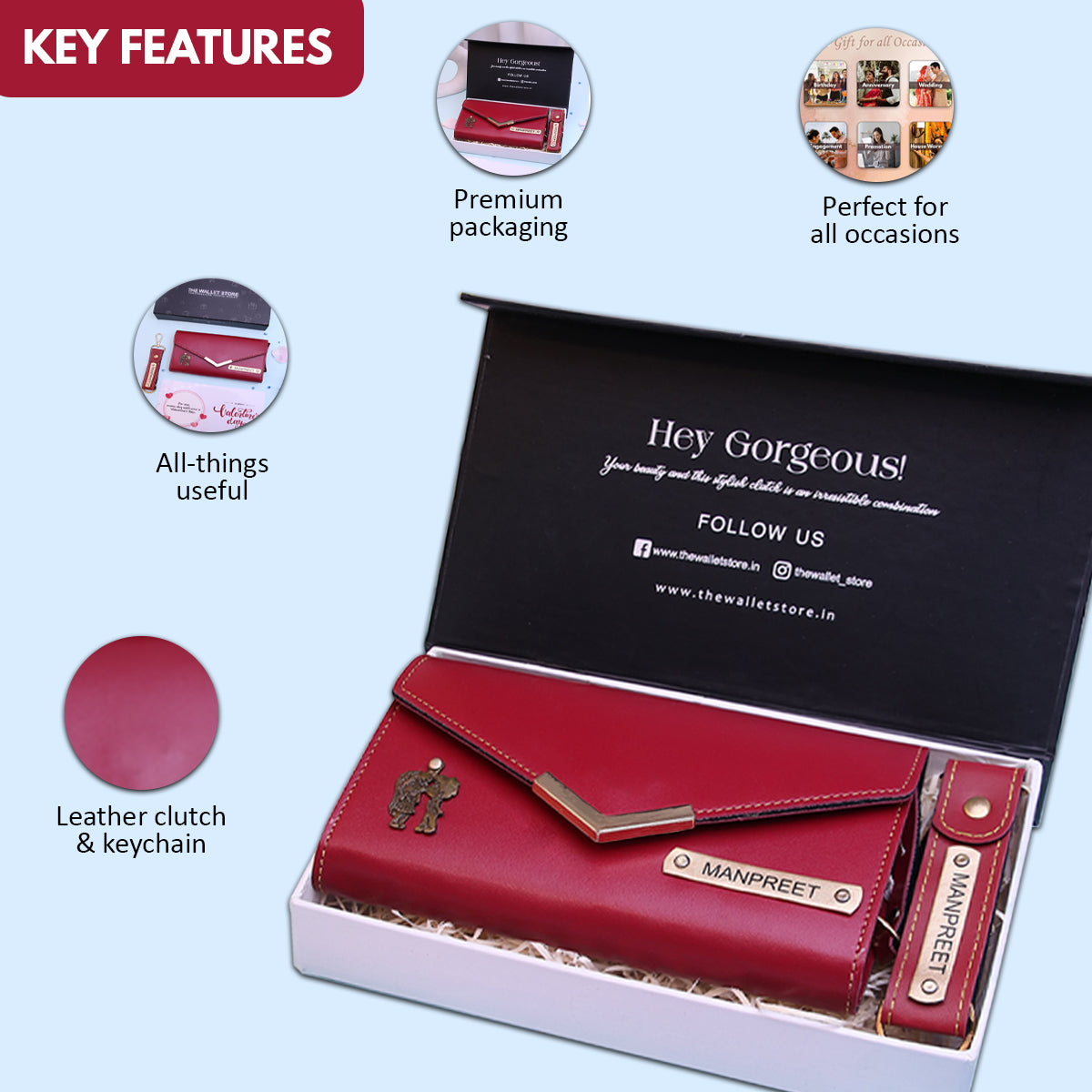 Personalized Premium Leather Clutch & Keychain Gift Set