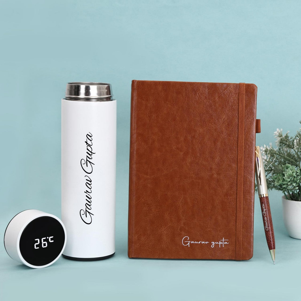 Personalized Brown Diary Pen And White Bottle Combo