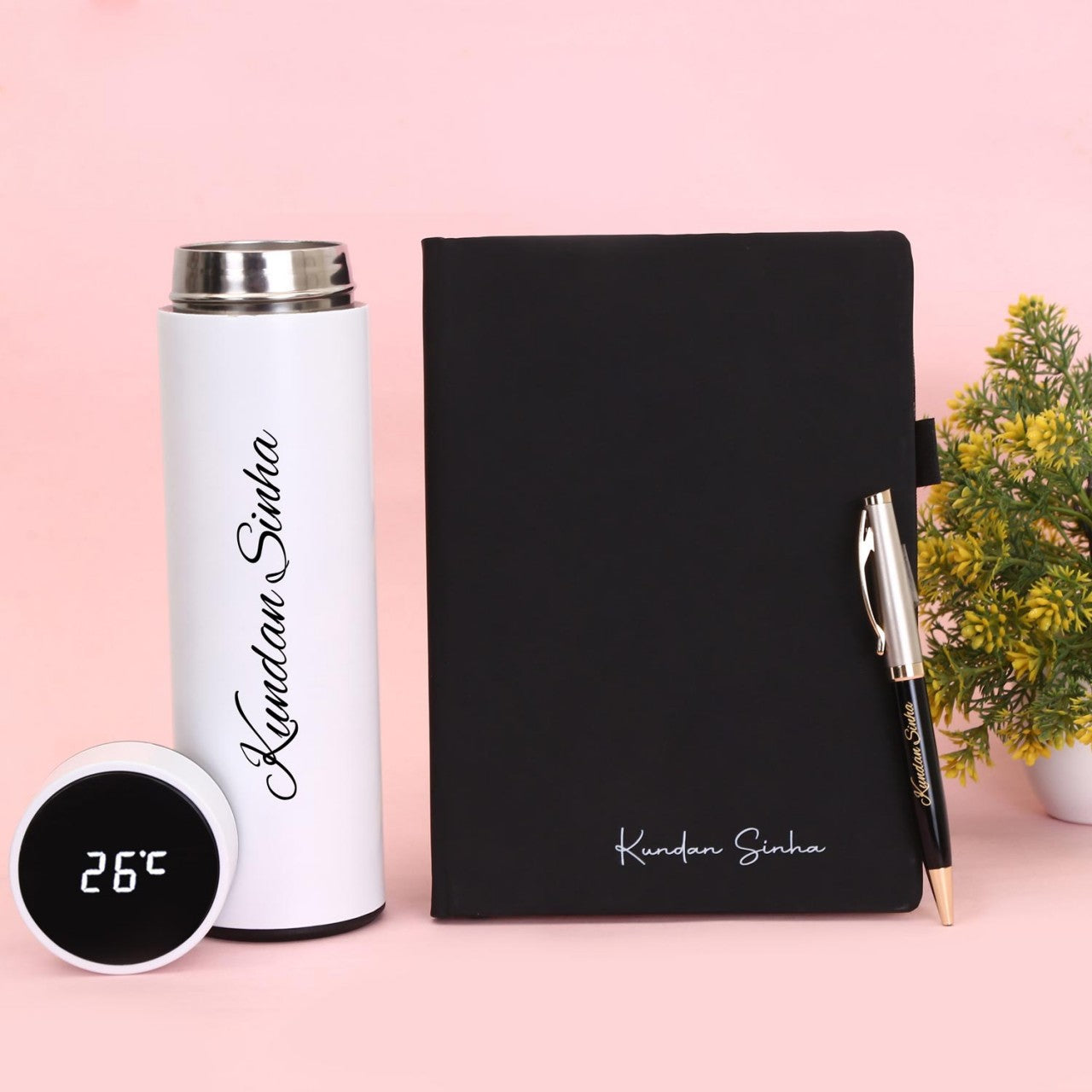 Personalized Black Diary Pen And White Bottle Combo