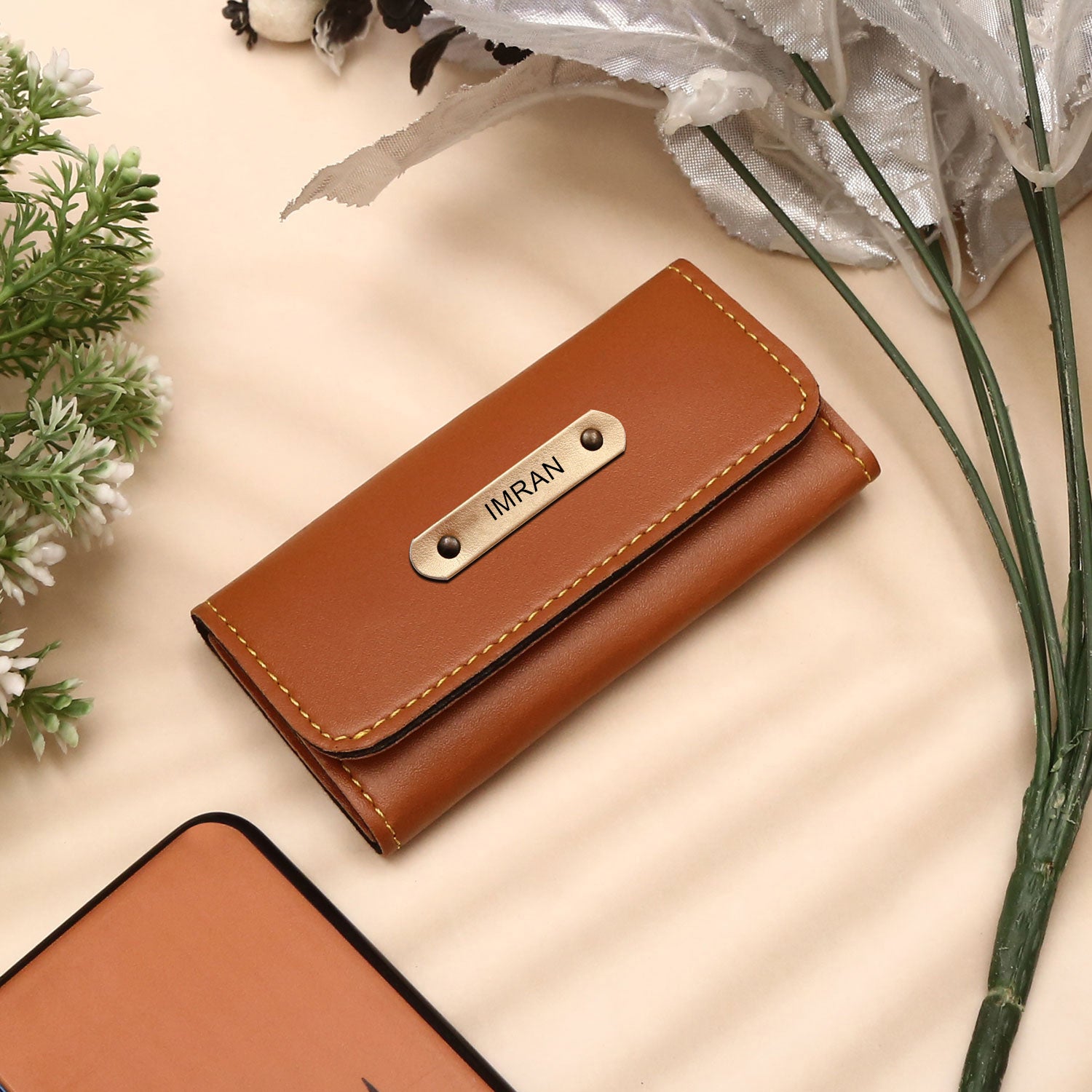 Personalized Tan Key Case with Name & Charm
