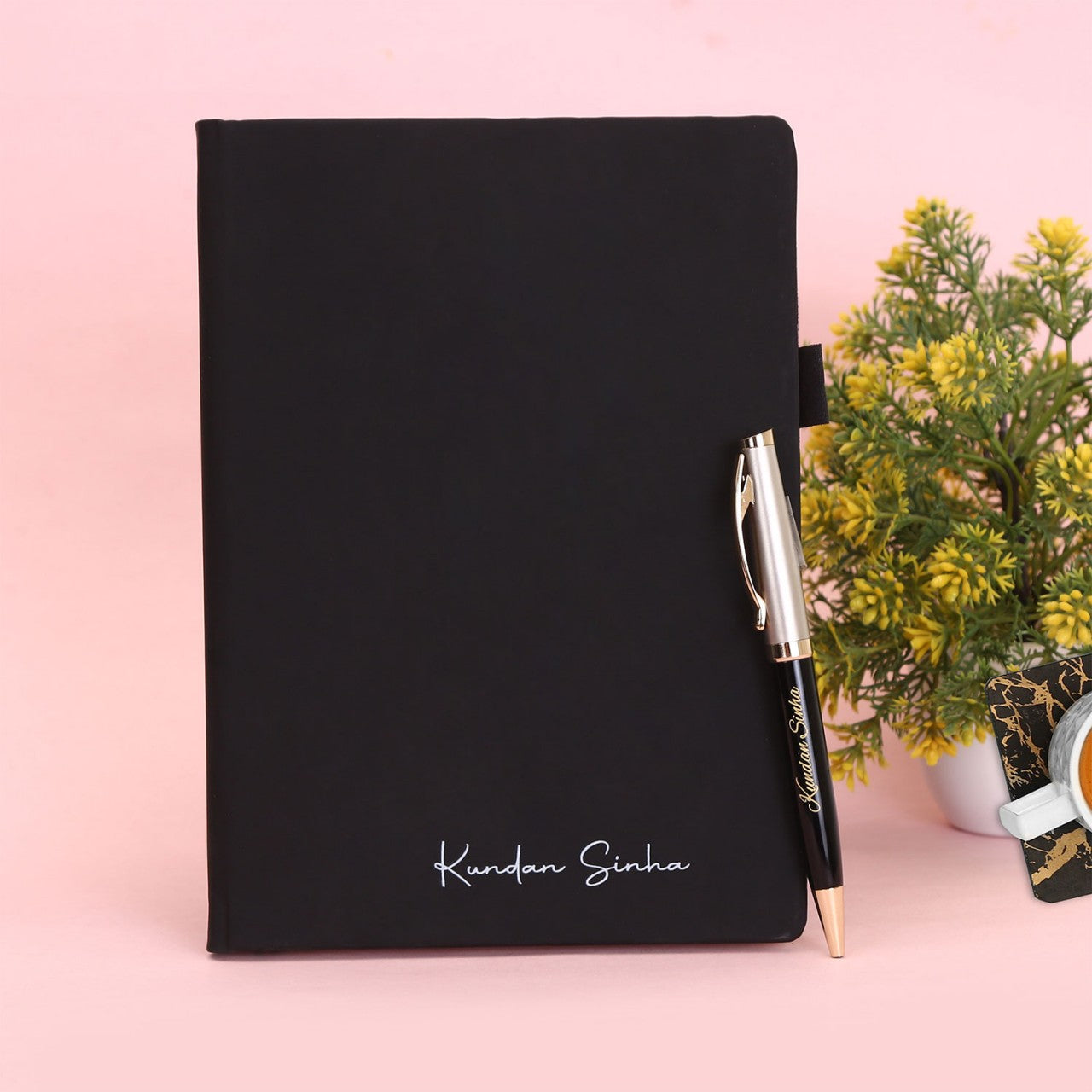 Personalized Black Diary Pen And White Bottle Combo
