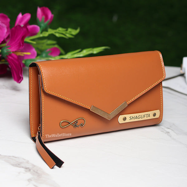 Personalized Ladies Clutch With Charm Tan Color