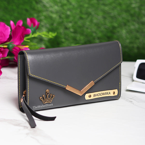 Personalized Ladies Clutch With Charm Gray Color
