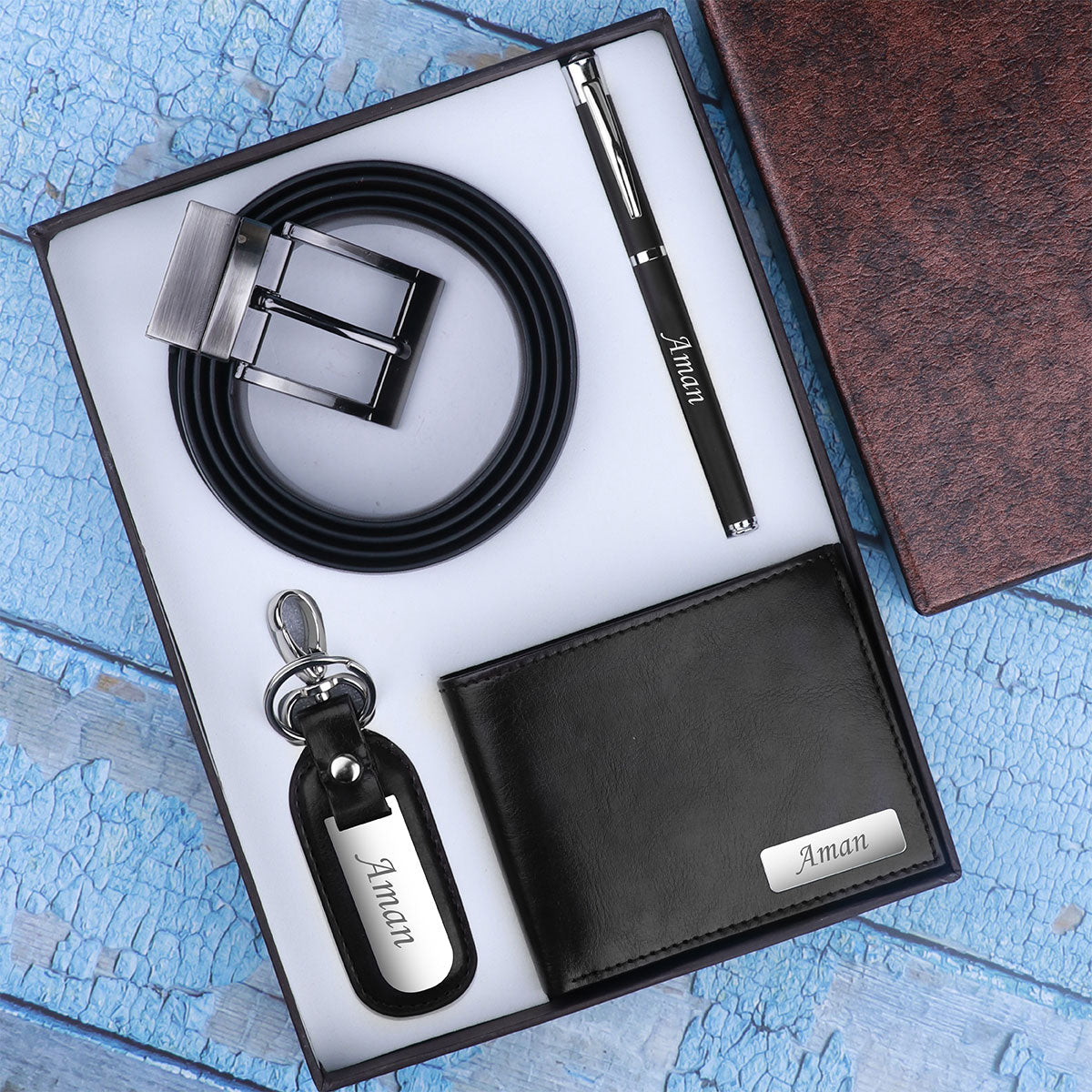 Personalized Belt Keychain Wallet & Pen Combo Black Color