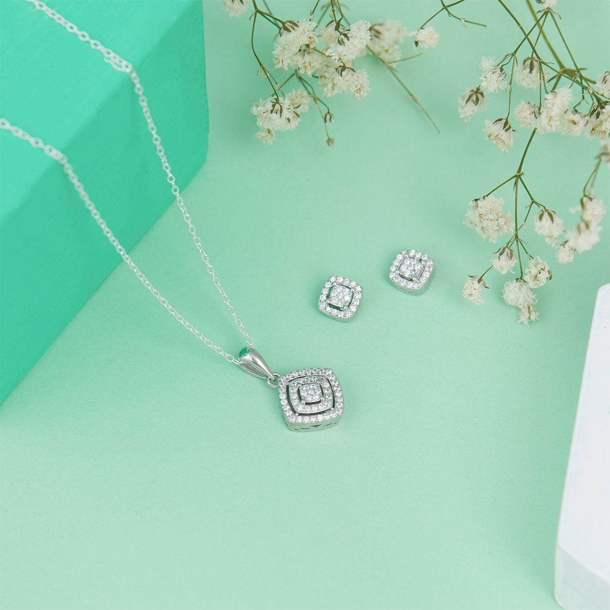 Skylar Silver Double Halo Pendant Set