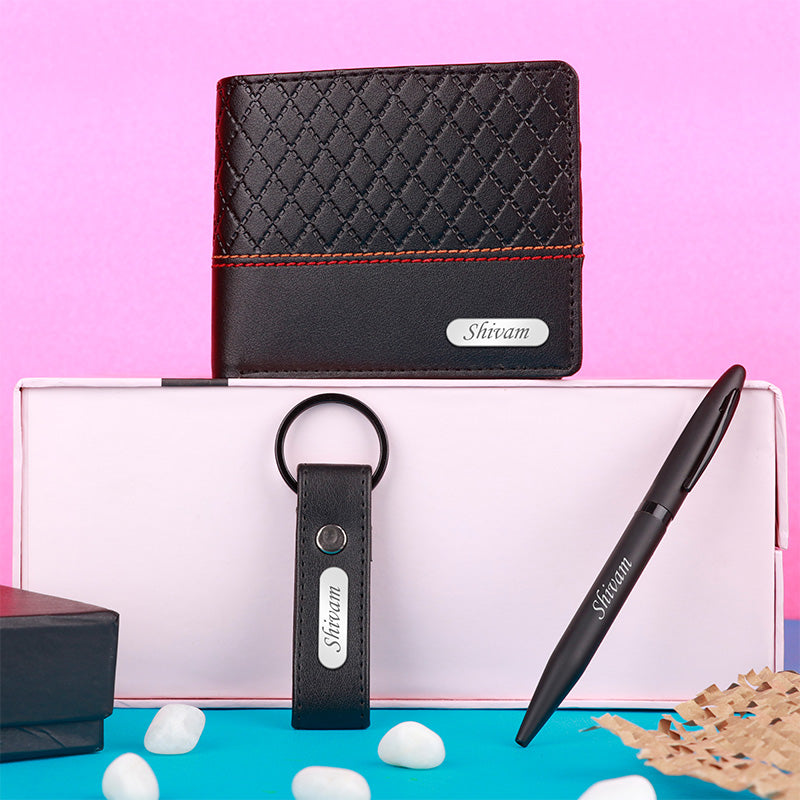 Personalized Black Wallet Keychain & Pen Gift Set
