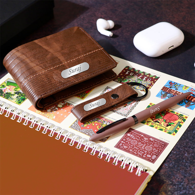 Personalized Brown Wallet Keychain & Pen Gift Set