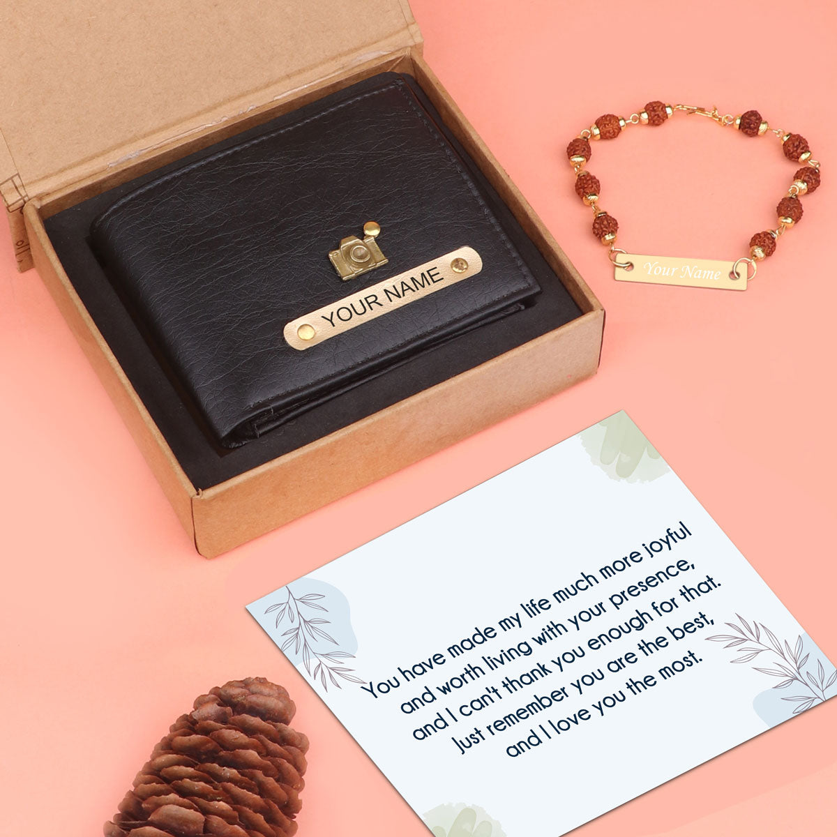 Personalized Premium Quality Leather Wallet & Rudraksh Bracelet Gift Set