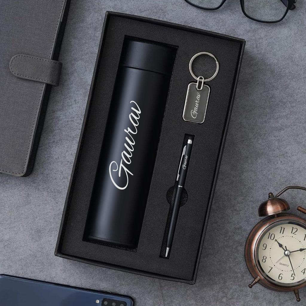 Personalized Key Chain & Pen Combo With Temperature Water Bottle